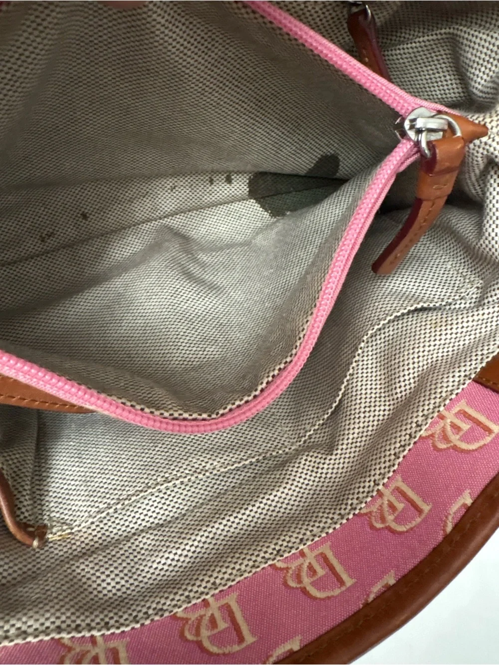 Dooney & Bourke Pink Logo Satchel with Brown Leather Trim